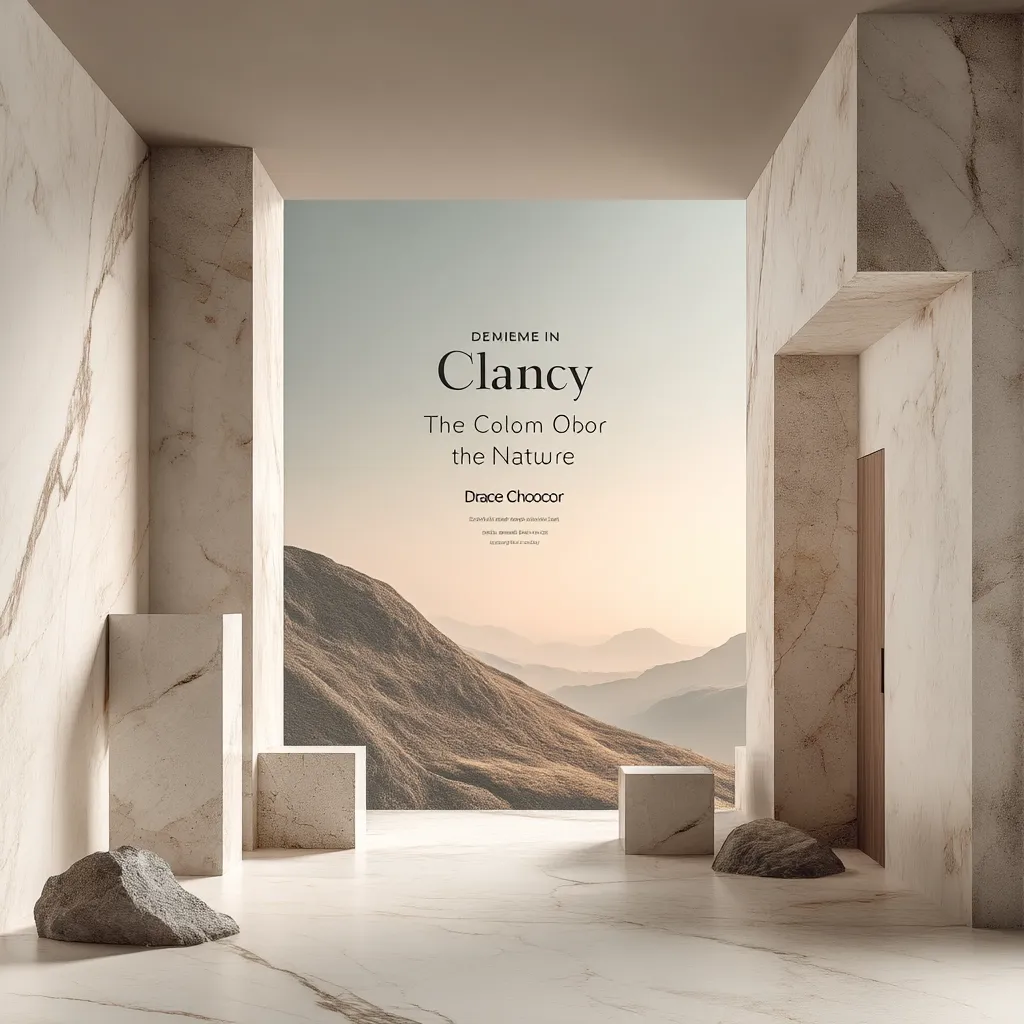 A minimalist architectural rendering showcases a spacious, marble-clad interior.  A large window reveals a serene landscape of rolling hills at sunset.  The text "Clancy," "The Colom Obor the Nature," and "Dracc Choocor" are prominently displayed, suggesting a product or brand name.  Simple geometric shapes, including rectangular pillars and cubes, are strategically placed within the room, enhancing the clean, modern aesthetic.  The overall mood is calm and sophisticated.