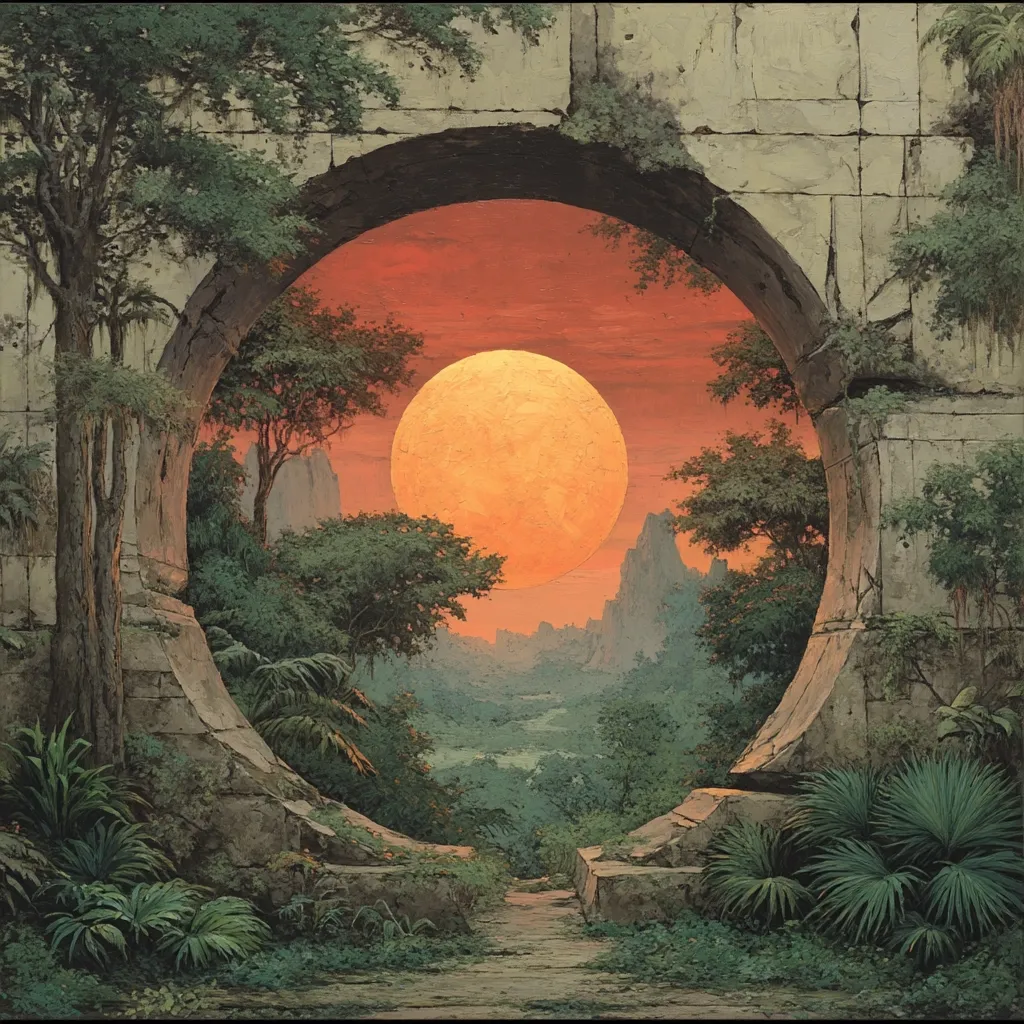 A circular archway in ancient stone ruins frames a breathtaking sunset.  A large, vibrant orange sun dominates the sky above a lush, verdant valley.  Trees and plants sprout from the stonework and the valley floor.  The scene is serene and evokes a sense of mystery and forgotten civilizations. A path leads from the archway into the tranquil landscape.