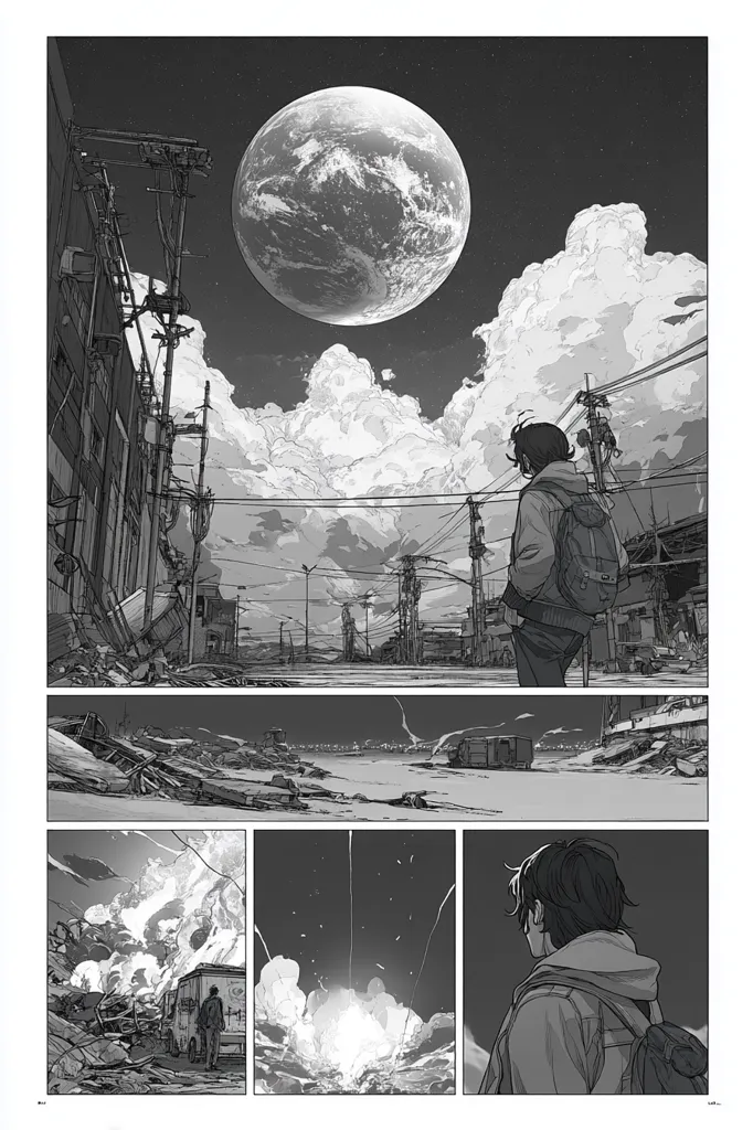 A grayscale manga-style illustration depicts a desolate, post-apocalyptic landscape under a large, Earth-like moon.  A lone figure with a backpack stands amidst the ruins, gazing at a distant explosion. The scene is divided into panels showcasing the vastness of the destruction and the ominous atmosphere.  The overall tone is bleak and suggestive of a catastrophic event.