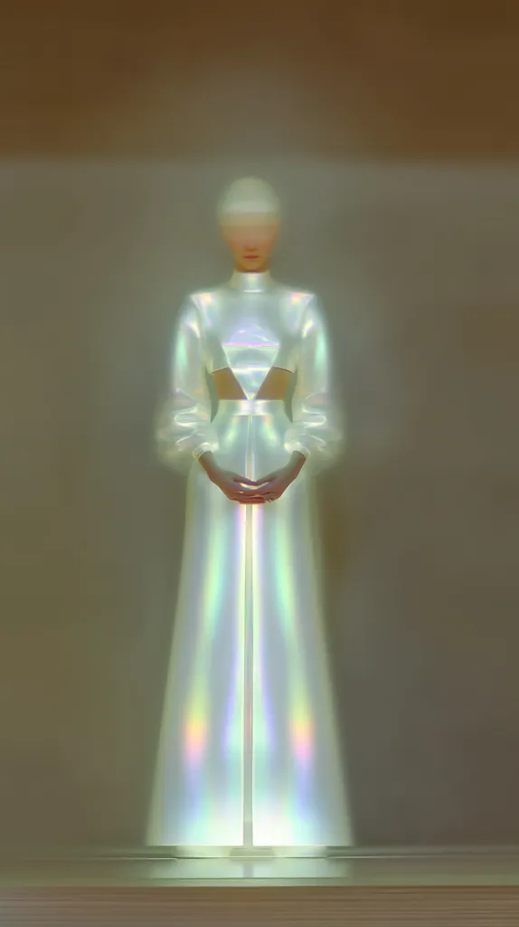 A mannequin stands in a subtly lit space, wearing an iridescent, floor-length gown. The dress features a high neckline and a fitted bodice with a triangular cutout at the waist, flowing into a flowing skirt.  The overall aesthetic is minimalist and ethereal, with the shimmering fabric reflecting light in a captivating way. The mannequin's hands are clasped in front, adding to the serene and somewhat otherworldly feel of the image.