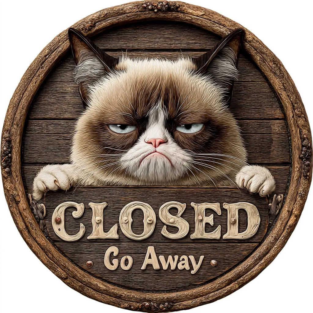 A round wooden sign, resembling a barrel head, features Grumpy Cat peering over a "CLOSED" sign.  The sign's rustic texture contrasts with Grumpy Cat's grumpy expression.  Below "CLOSED," smaller text reads "Go Away," reinforcing the cat's displeasure. The overall effect is humorous and emphasizes the closed status.