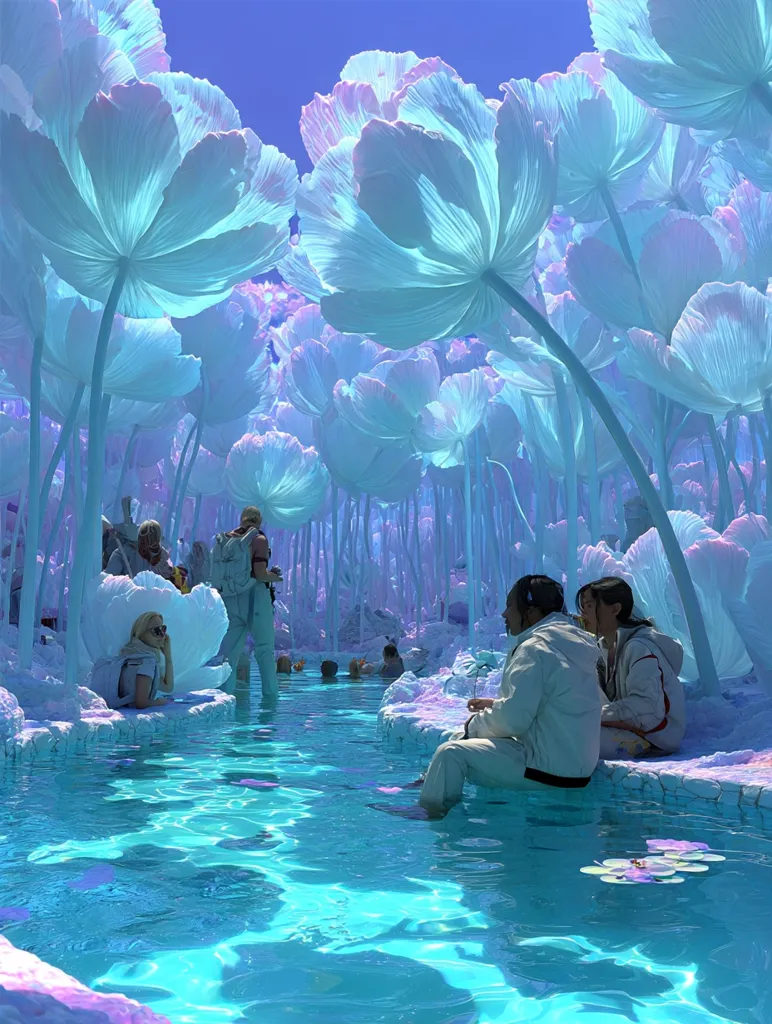A surreal, dreamlike scene unfolds in a vibrant, aqua-colored world.  Large, translucent flowers resembling poppies form a canopy over a tranquil stream. Figures in light clothing relax by the water's edge, some bathing, others conversing. The atmosphere is peaceful and otherworldly, suggesting a fantastical, utopian setting.  The overall effect is one of serenity and ethereal beauty.