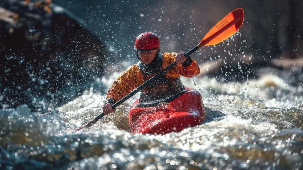 A kayaker navigates a rapid river, their red kayak slicing through whitewater.  Water splashes dramatically around them as they powerfully paddle with an orange kayak paddle.  The kayaker wears a helmet and bright yellow jacket, showcasing their focus and determination amidst the thrilling, challenging current.