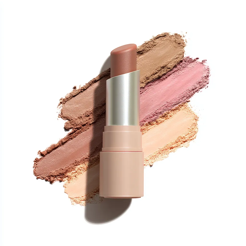 A lipstick tube rests atop a swatch of three complementary eyeshadow shades: a light beige, a dusty rose, and a medium brown. The lipstick is a muted mauve-brown, reflecting the color palette below. The image is clean, crisp, and showcases the products' colors and textures effectively.  The overall aesthetic is minimalist and elegant.