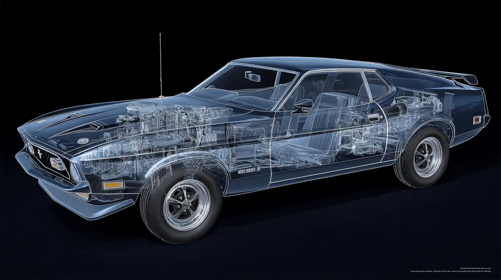 A translucent, cutaway illustration of a classic Ford Mustang Mach 1.  The image reveals the car's internal mechanics, including the engine, transmission, and chassis, in intricate detail against a dark background. The design showcases the vehicle's engineering and components with a blend of realism and transparency.