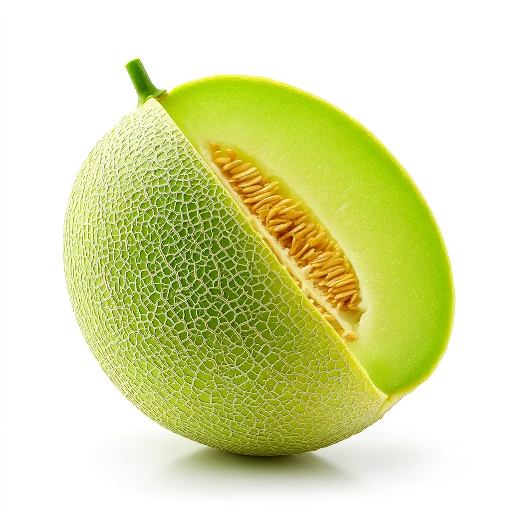 A honeydew melon is shown cut in half, revealing its pale green flesh and numerous small, yellow seeds.  The exterior of the melon displays a characteristic netted texture. The melon is presented against a clean white background, emphasizing its vibrant color and freshness.  The image showcases the melon's juicy and ripe appearance.