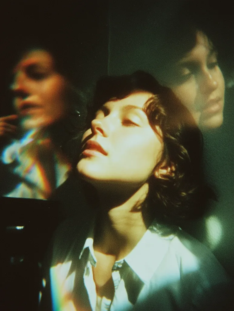 A dreamy, double-exposed photograph features a young woman with short, dark hair, wearing a white collared shirt.  Sunlight streams across her face, creating a halo effect.  A blurred, ghostly image of another woman is superimposed, adding a layer of mystery and ethereal beauty to the portrait.  The overall aesthetic is soft, nostalgic, and slightly surreal.