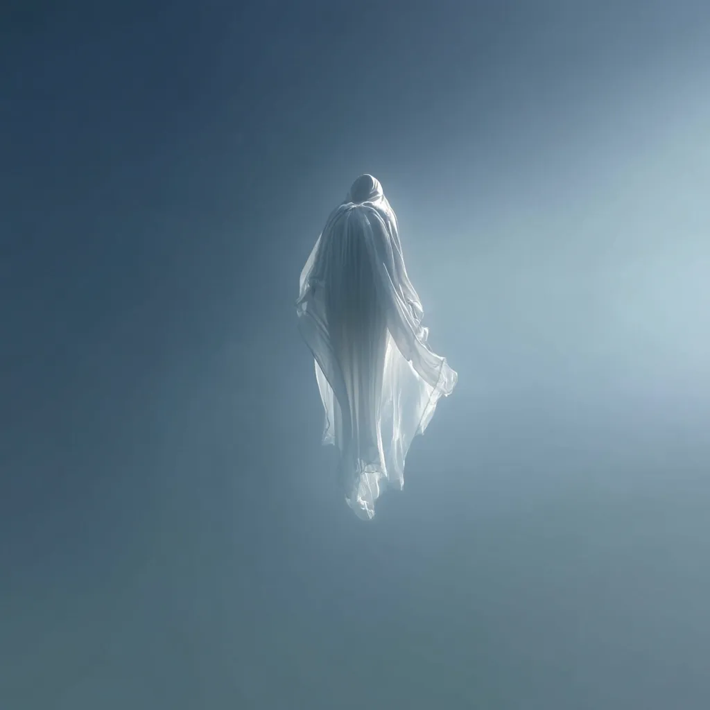 A figure, seemingly draped in a flowing white garment, floats against a muted blue backdrop.  The ethereal quality of the image, with soft lighting and a hazy atmosphere, creates a sense of mystery and otherworldliness. The figure's form is indistinct, enhancing the spectral impression. The overall effect is dreamlike and evocative.