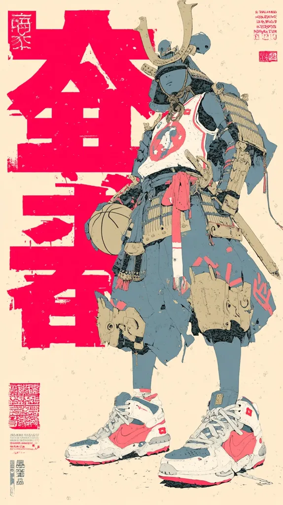 A stylized illustration depicts a samurai wearing a basketball jersey and modern sneakers.  The samurai holds a basketball, contrasting traditional Japanese armor with contemporary sportswear.  A large, bold kanji character dominates the background in vibrant red. The artwork blends traditional Japanese aesthetics with modern pop culture elements, creating a striking visual juxtaposition.  The color palette is muted with accents of red and pink.