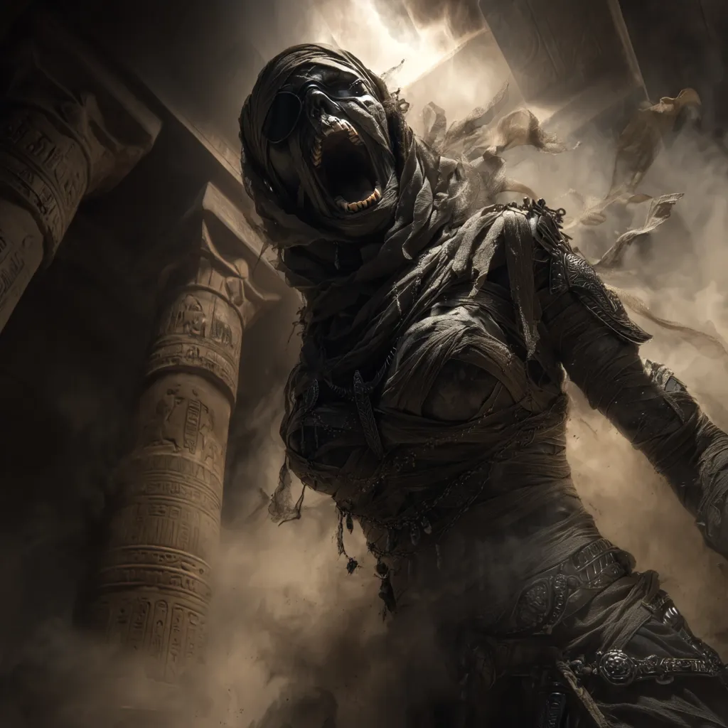 A terrifying, mummy-like figure, shrouded in dark bandages, screams amidst a swirling dust cloud.  Its skeletal face is visible beneath the wrappings, and it's adorned with ancient-looking jewelry.  The creature is positioned before imposing, hieroglyph-covered columns, suggesting an ancient Egyptian setting. The overall atmosphere is dark and ominous.