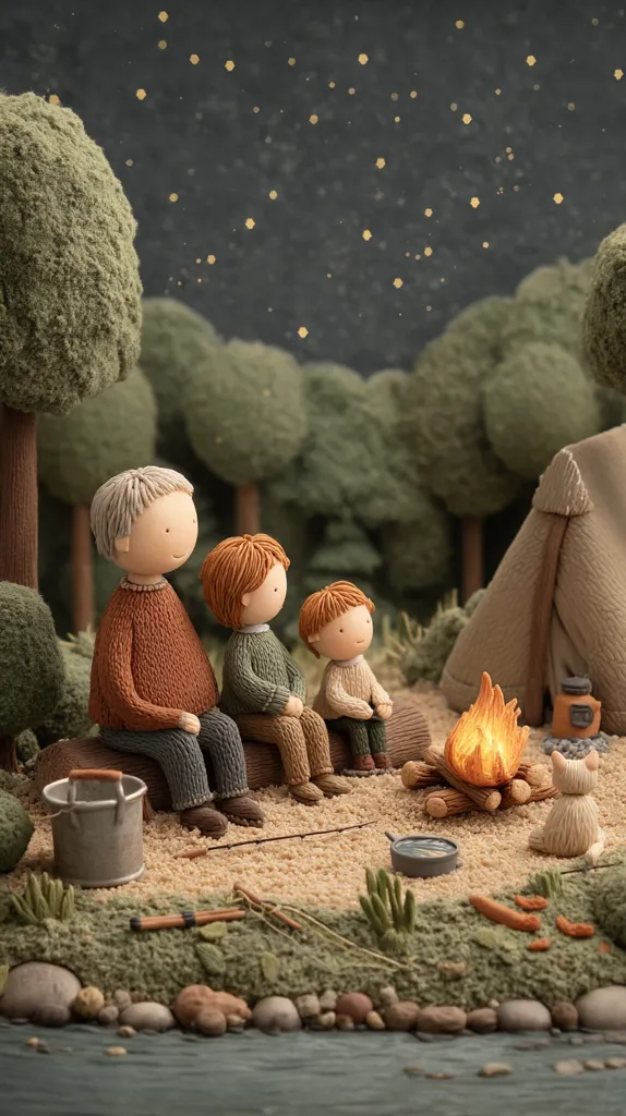 A charming claymation scene depicts a grandfather and two grandsons sitting around a campfire in a whimsical forest setting.  A tent and a small cat are nearby.  The scene is softly lit, with a starry night sky above, creating a peaceful and heartwarming atmosphere. The figures are meticulously crafted, showcasing the artist's attention to detail. Fishing rods rest on the ground, suggesting a relaxing camping trip.
