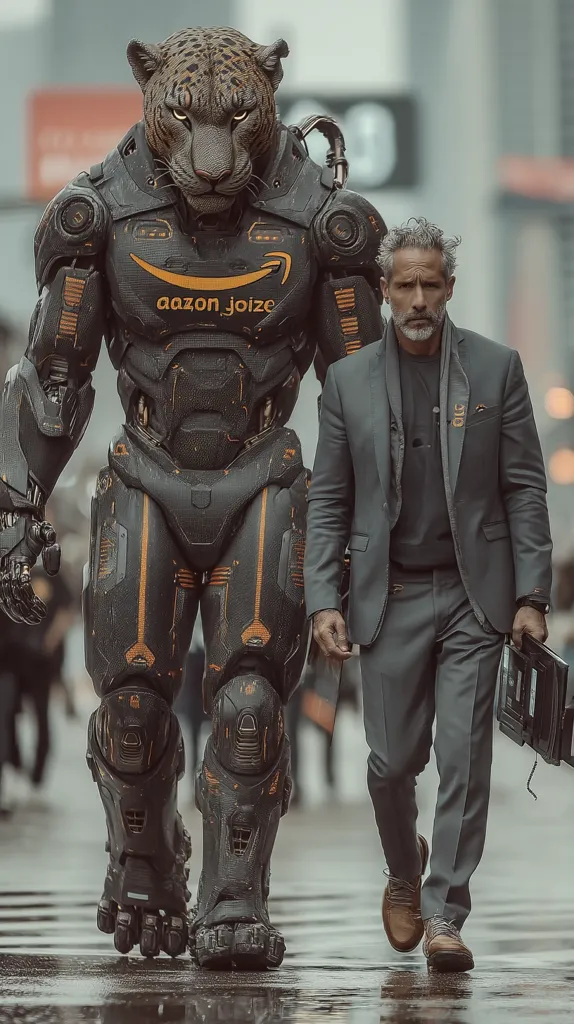 A futuristic scene depicts a man in a suit walking alongside a large, armored robot with a jaguar head.  The robot's chest displays a stylized Amazon logo. The setting appears to be a city street, wet from rain.  The image's tone is dark and gritty, suggesting a blend of science fiction and modern urban environments. The overall impression is one of advanced technology and possibly corporate power.