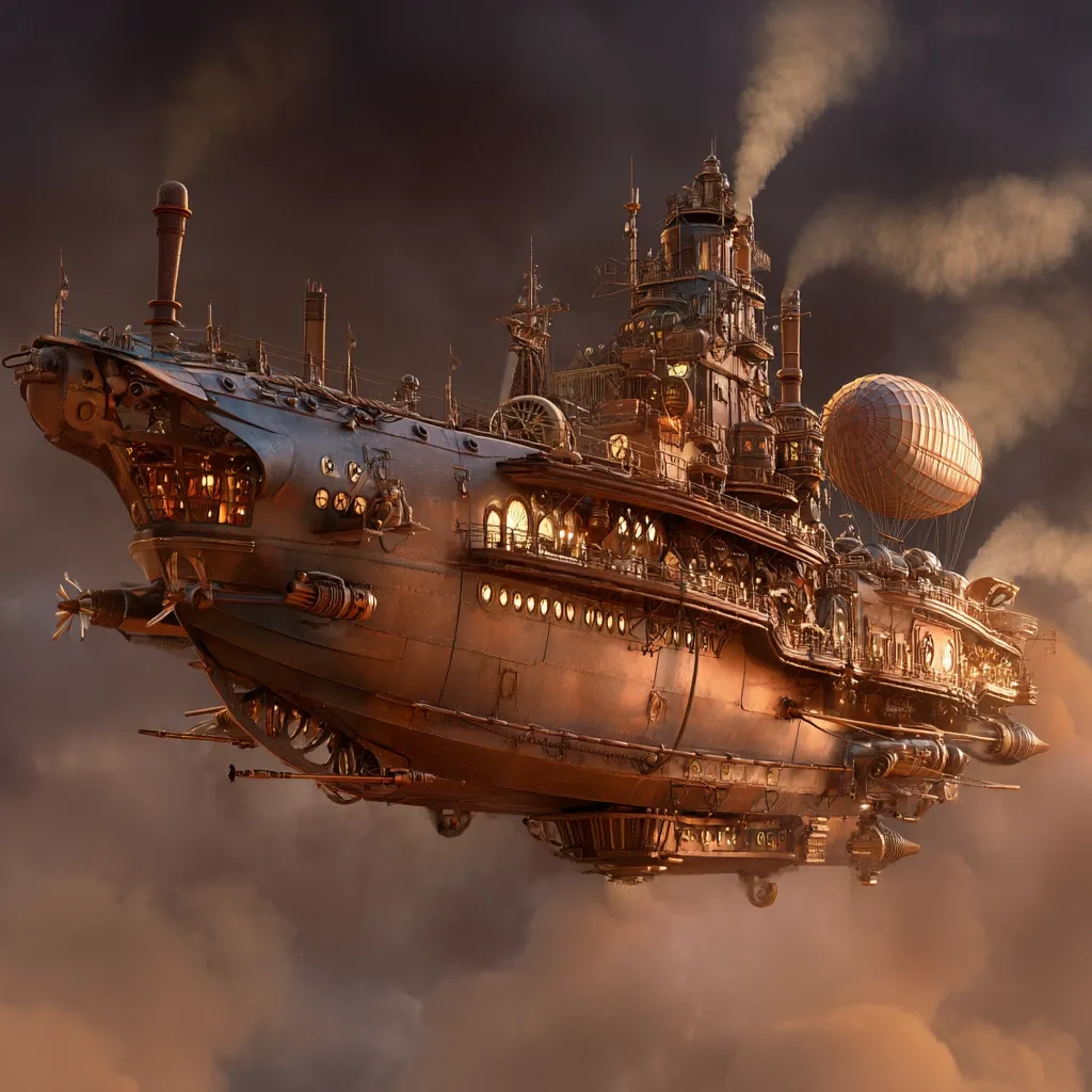 A majestic steampunk airship dominates the scene, its intricate bronze and copper machinery gleaming.  Smoke billows from multiple smokestacks, hinting at powerful steam engines.  The vessel boasts a complex structure, incorporating a large blimp and numerous portholes illuminating the interior.  It floats amidst dramatic, sunset-hued clouds, a breathtaking example of imaginative engineering.