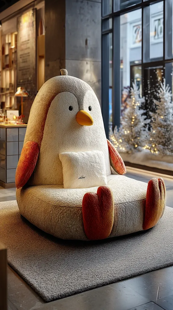 A charming penguin-shaped armchair sits in a modern interior.  The plush, light-grey chair features orange flipper accents and a soft, white cushion.  It's positioned on a dark grey rug, with a large window revealing a city street and a decorated Christmas tree in the background. The overall feel is cozy and playful, perfect for a child's room or a whimsical living space.