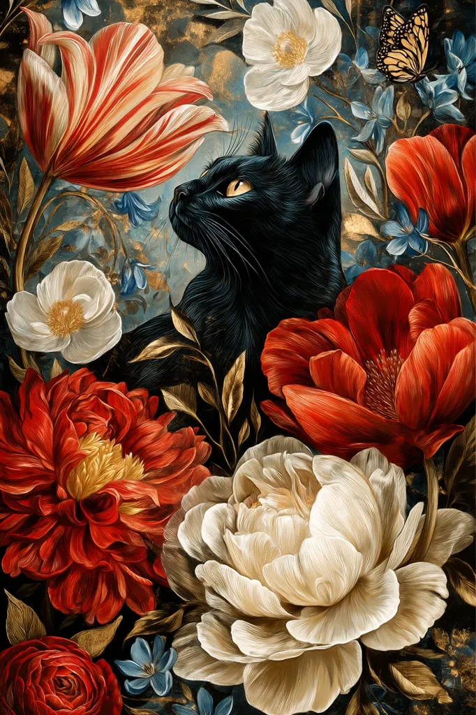 A black cat with striking yellow eyes gazes upward, nestled amidst a vibrant profusion of flowers.  Rich red peonies and poppies dominate, contrasted by creamy white blooms and hints of blue.  Gold accents on the leaves and background add to the luxurious, almost Baroque, feel of the painting. A delicate butterfly adds a final touch of elegance. The overall impression is one of opulent beauty and serene mystery.