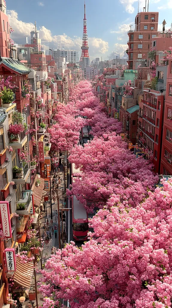 A vibrant street scene in Japan showcases a breathtaking display of cherry blossoms in full bloom.  Pink blossoms line the road, creating a tunnel of flowers.  Traditional Japanese buildings flank the street, their architecture contrasting beautifully with the abundant blossoms.  Tokyo Tower is visible in the distance, adding to the picturesque cityscape.  Pedestrians stroll beneath the canopy of cherry trees, enjoying the stunning springtime spectacle.
