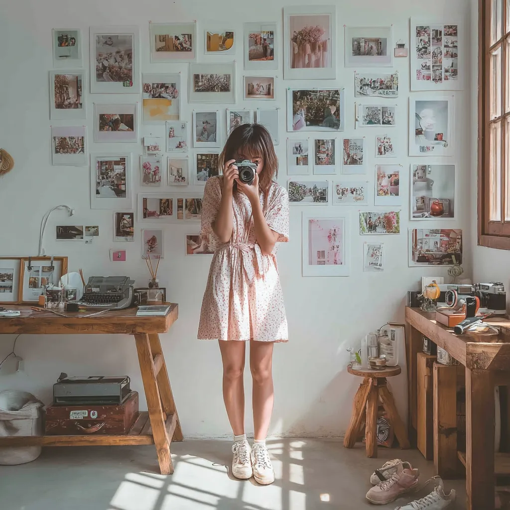 A young woman in a floral dress stands in a sunlit room, holding a vintage camera to her face.  The walls are adorned with a gallery of framed photographs, creating a cozy and artistic atmosphere.  Wooden furniture, including a desk and side table, adds to the room's rustic charm.  The overall aesthetic is vintage-inspired and aesthetically pleasing.
