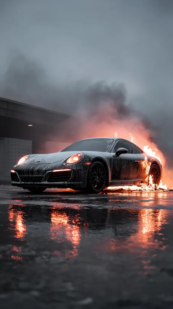 A dark-colored Porsche 911 is engulfed in flames on a wet, dark street.  Smoke billows around the car, reflecting in the puddles. The scene is dramatic and moody, with a somber atmosphere. The car's headlights glow intensely against the fiery backdrop. The overall impression is one of destruction and loss.