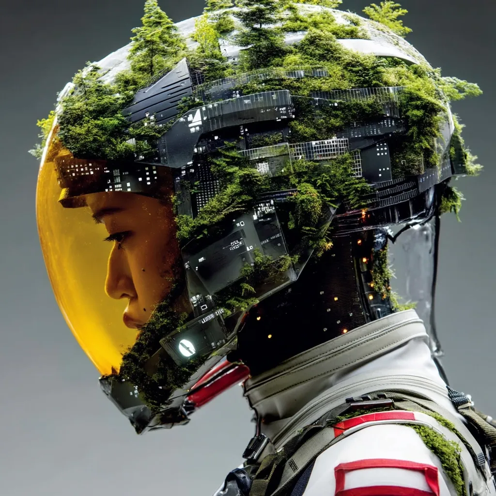 A profile view of a person wearing a futuristic helmet overgrown with moss and small plants.  The helmet's visor is amber, and intricate circuitry is visible beneath the vegetation. The person's attire suggests a spacesuit or protective gear, also partially covered in moss.  The image blends technology with nature, creating a surreal and visually striking composition.