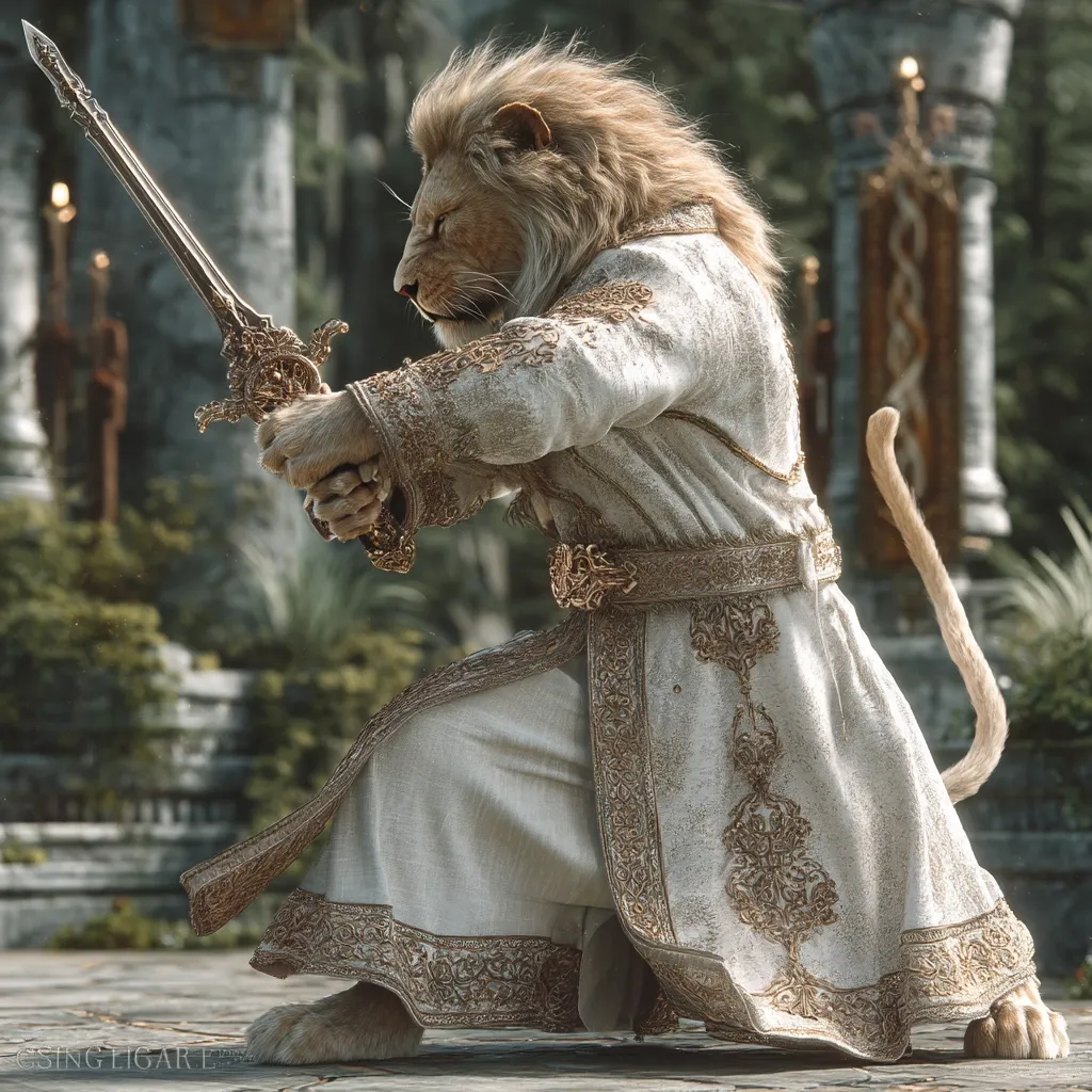 A majestic lion, anthropomorphic in nature, kneels in a regal, ornate white robe adorned with gold embroidery.  He grips a delicately crafted sword, its blade pointed downwards. The background suggests a mystical, perhaps ancient, setting with stone architecture and lush greenery. The lion's posture conveys a sense of quiet strength and regal bearing.