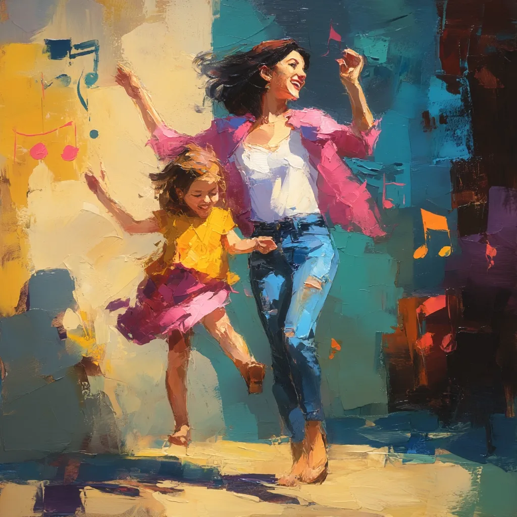 A vibrant, impressionistic painting depicts a joyful mother and daughter dancing.  The woman, in a pink shirt and jeans, playfully leaps with her child, who wears a yellow top and pink skirt.  Musical notes float around them, suggesting a lively, energetic atmosphere. The bold brushstrokes and bright colors create a sense of movement and happiness.