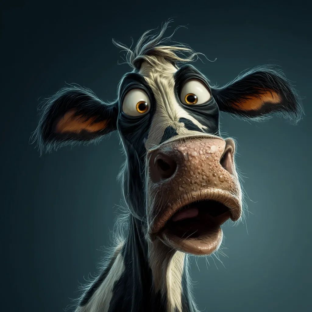 A close-up illustration of a cartoon cow with wide, expressive eyes and an open mouth, conveying a surprised or startled expression.  The cow's black and white markings are detailed, and its wet nose adds to the realism of the otherwise whimsical rendering. The background is a muted teal, emphasizing the cow's features.  The style is reminiscent of animation or character design.