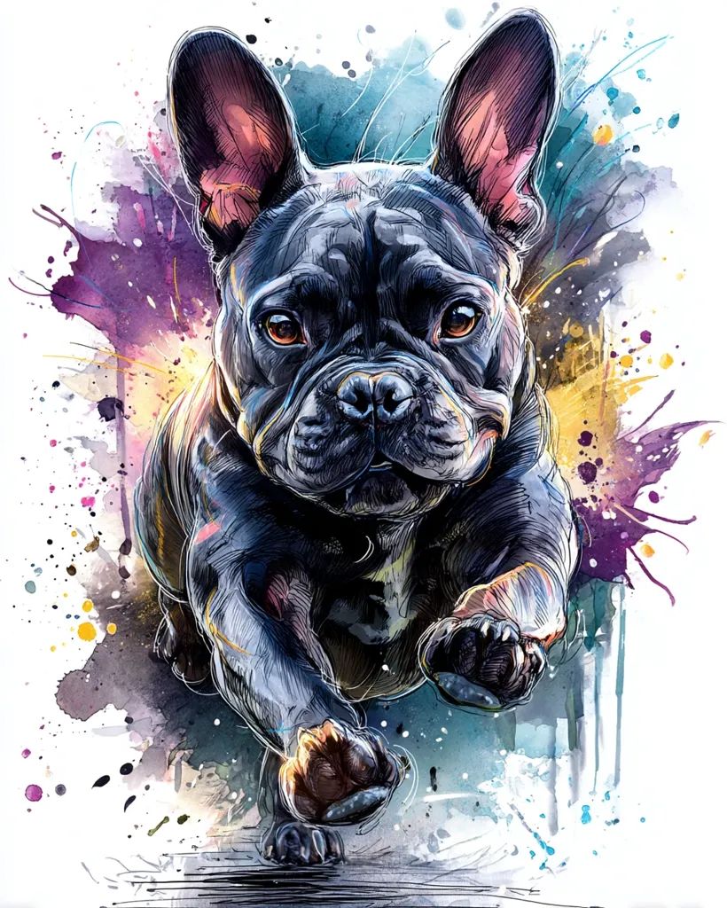 A vibrant watercolor-style artwork depicts a black French Bulldog in motion.  The dog's muscular form is sharply defined against a background of splashes and streaks of teal, purple, and gold. The artist's technique blends detailed rendering of the dog with a loose, expressive watercolor effect, creating a dynamic and energetic image. The overall impression is one of speed and playful energy.