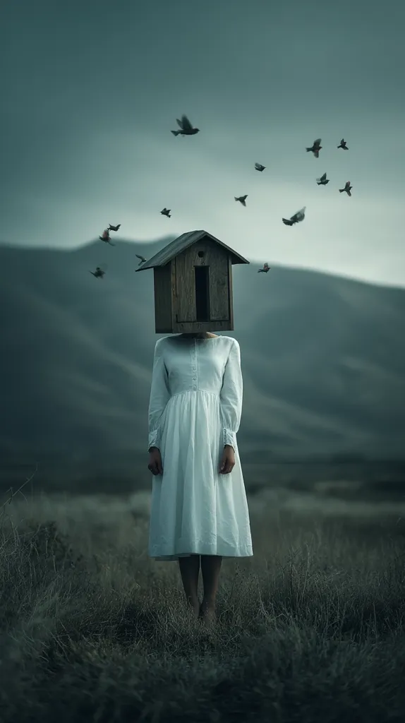 A surreal image depicts a woman in a white dress standing in a field.  Her head is replaced by a small wooden birdhouse, several birds fly around her.  The sky is overcast, and the overall mood is melancholic and mysterious, suggesting themes of confinement, isolation, or a disconnect from nature. The muted color palette enhances the somber atmosphere.