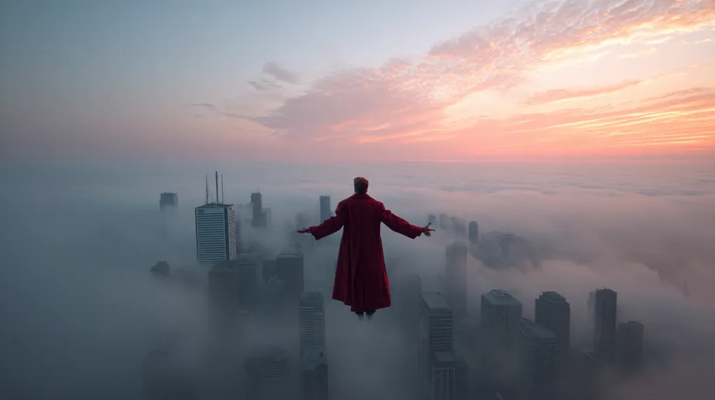 A person in a long red coat levitates above a city shrouded in fog.  The cityscape is partially visible beneath a layer of mist, with skyscrapers emerging from the clouds.  A serene, pastel-hued sunrise fills the sky above, creating a dramatic and ethereal atmosphere. The scene evokes a sense of mystery and transcendence.