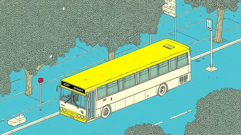 A isometric illustration depicts a yellow and white bus at a bus stop.  The bus, numbered 4733 and labeled "Imantic," is parked next to a tree-lined street with a light blue background.  A bus stop sign is visible, along with other street details rendered in a simple, graphic style. The overall aesthetic is clean and retro.