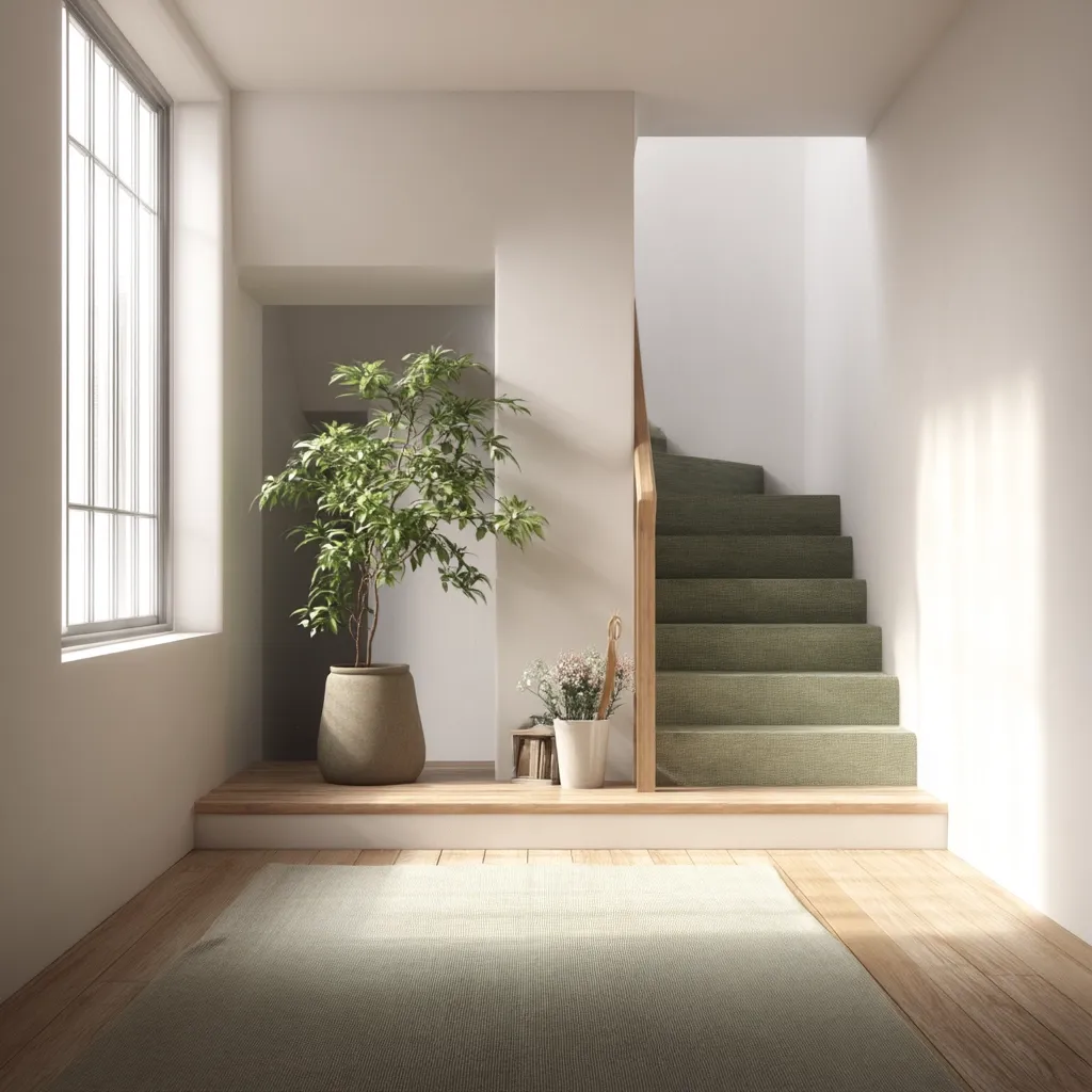 A minimalist hallway features a light wood staircase with sage green carpeting, a large potted plant, and a smaller potted flower arrangement.  Soft sunlight illuminates the space, highlighting the pale walls and light wood flooring. A light green rug anchors the area beneath the staircase. The overall aesthetic is serene and calming.