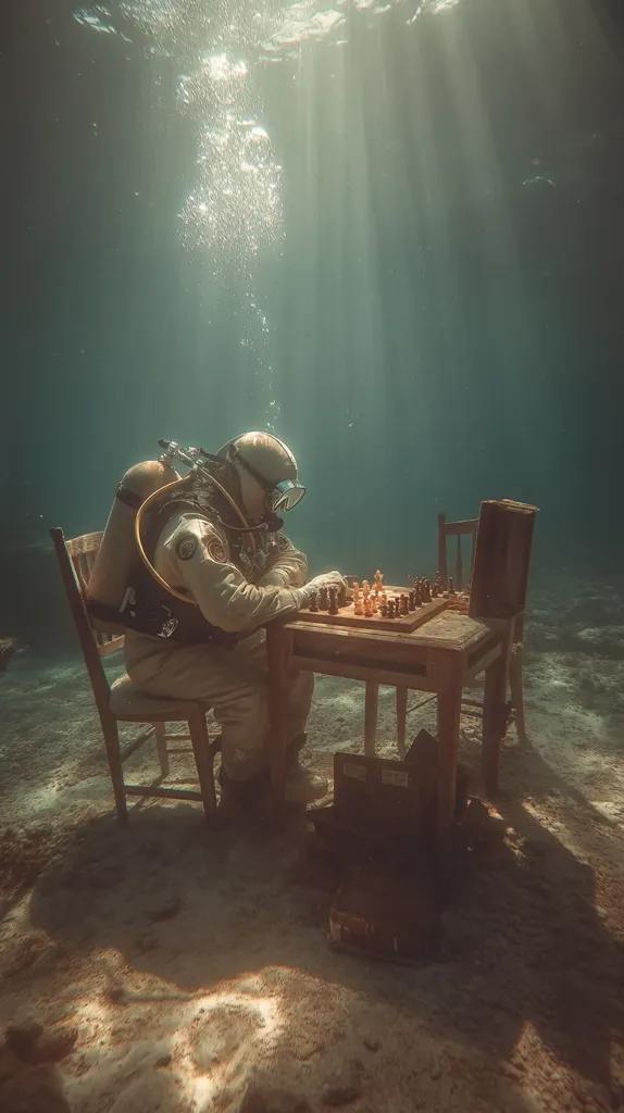 An underwater scene depicts a lone diver in vintage diving gear seated at a wooden chess table.  Sunbeams penetrate the water, illuminating the diver who appears engrossed in a game of chess.  The seabed is sandy, and the overall atmosphere is serene yet enigmatic, suggesting a sense of isolation and contemplation. The image has a dreamlike, almost surreal quality.