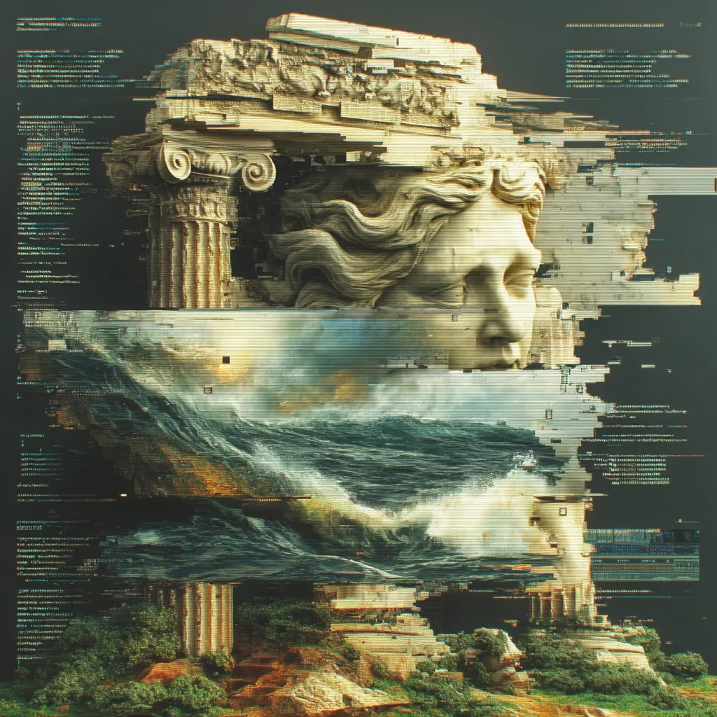 A digital art piece juxtaposes a fragmented classical sculpture of a woman's head and a Doric column with a turbulent ocean scene.  The imagery is overlaid with glitches and digital artifacts, creating a surreal and fragmented aesthetic.  The combination suggests a clash between classical antiquity and modern technology, or perhaps the destruction of classical ideals by the forces of nature or time.