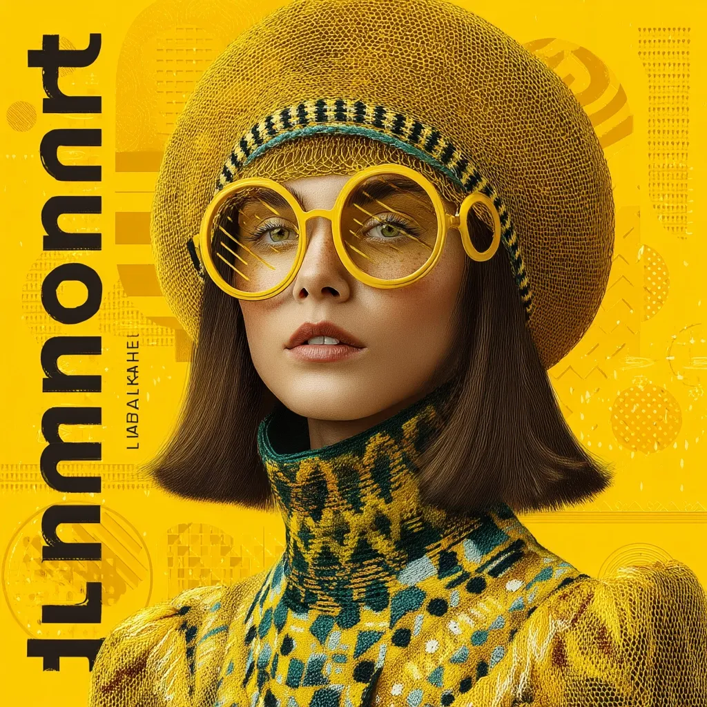 A fashion illustration features a woman with shoulder-length brown hair, wearing a yellow knitted beret, large round yellow sunglasses, and a yellow and green patterned turtleneck sweater.  The background is a vibrant yellow with abstract geometric shapes and the word "Immort" vertically stacked in bold black lettering. The overall aesthetic is bold, graphic, and modern.