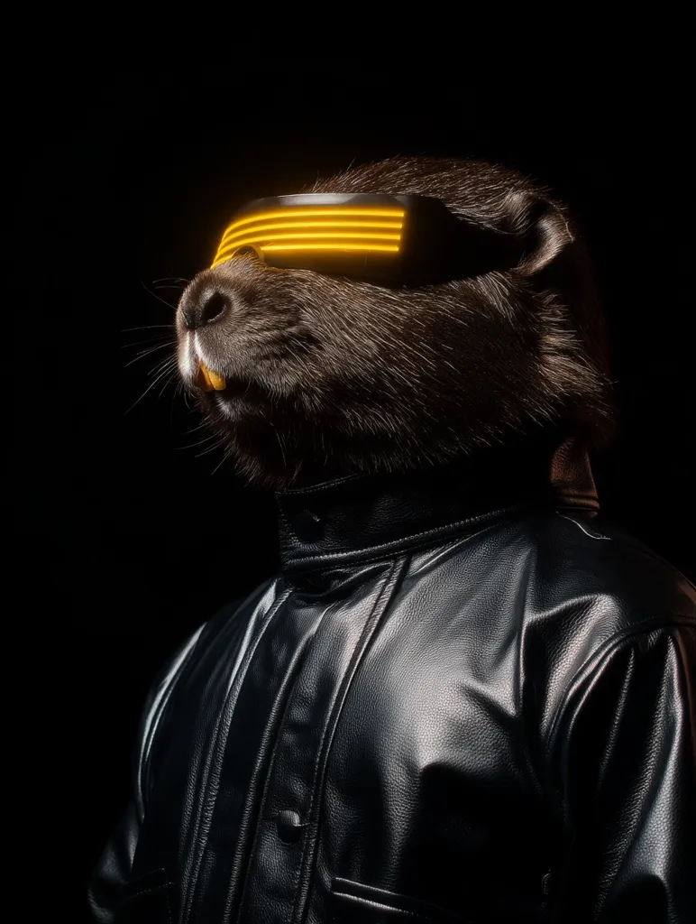 A beaver's head is superimposed onto a human body wearing a black leather jacket.  The beaver sports futuristic, glowing orange visor-like glasses. The image is dark, creating a dramatic and stylish cyberpunk aesthetic. The contrast between the animal and the human clothing is striking, creating a surreal and memorable image.