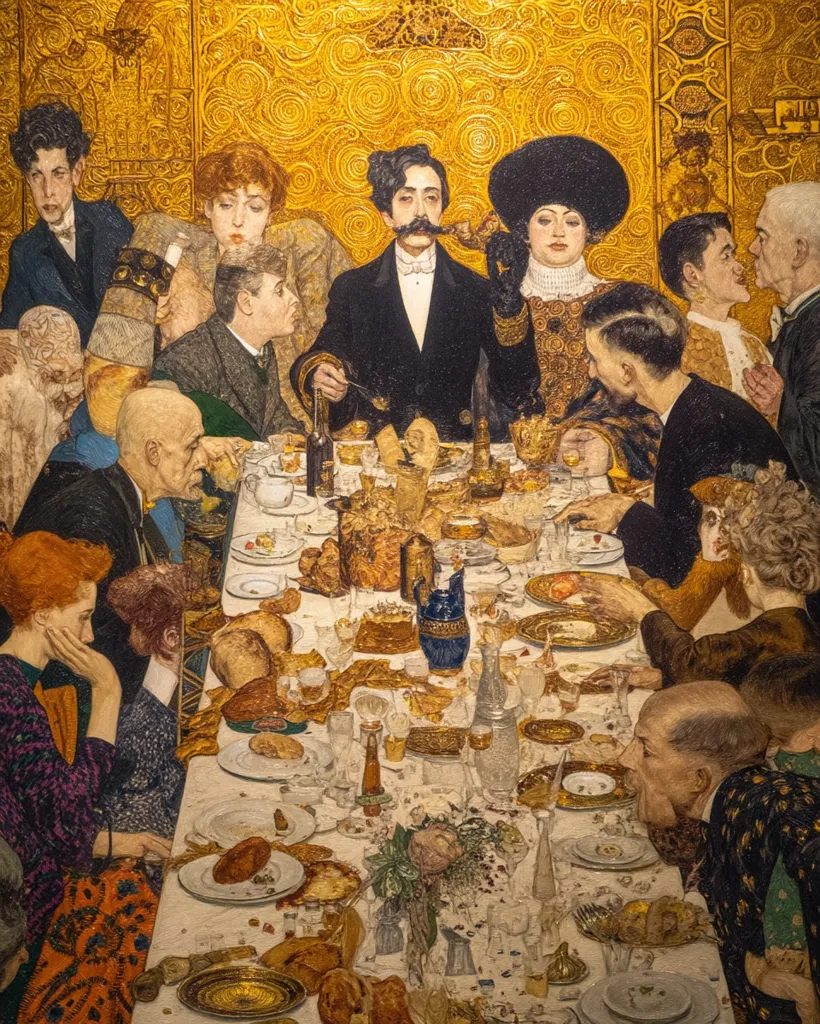 A richly detailed painting depicts a lavish banquet scene.  Numerous elegantly dressed individuals are gathered around a long table laden with food and drink. The background features a gold-toned wall, adding to the opulent atmosphere. The painting's style suggests a late 19th or early 20th-century aesthetic, possibly Art Nouveau or Symbolist, with a focus on capturing the mood and detail of a social gathering.  The figures' expressions and postures suggest lively conversation and interaction.