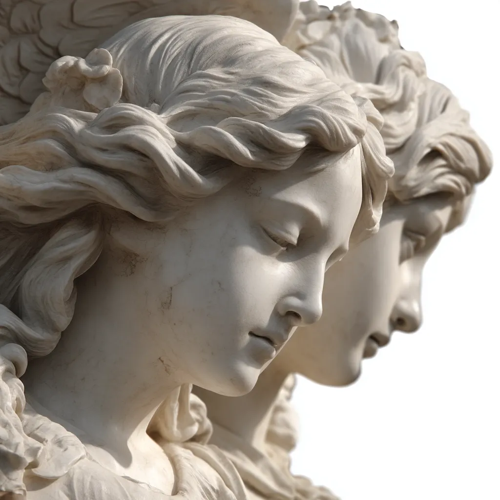A close-up shot reveals two serene marble angel sculptures.  The foremost angel, with delicately carved hair and a flower adornment, has her eyes closed in a peaceful expression.  The second angel's profile is visible, subtly hinting at a shared moment of quiet contemplation.  The sculptures' smooth, detailed surfaces and soft light suggest a classical artistic style.  The background is pure white, isolating the figures and emphasizing their exquisite detail.