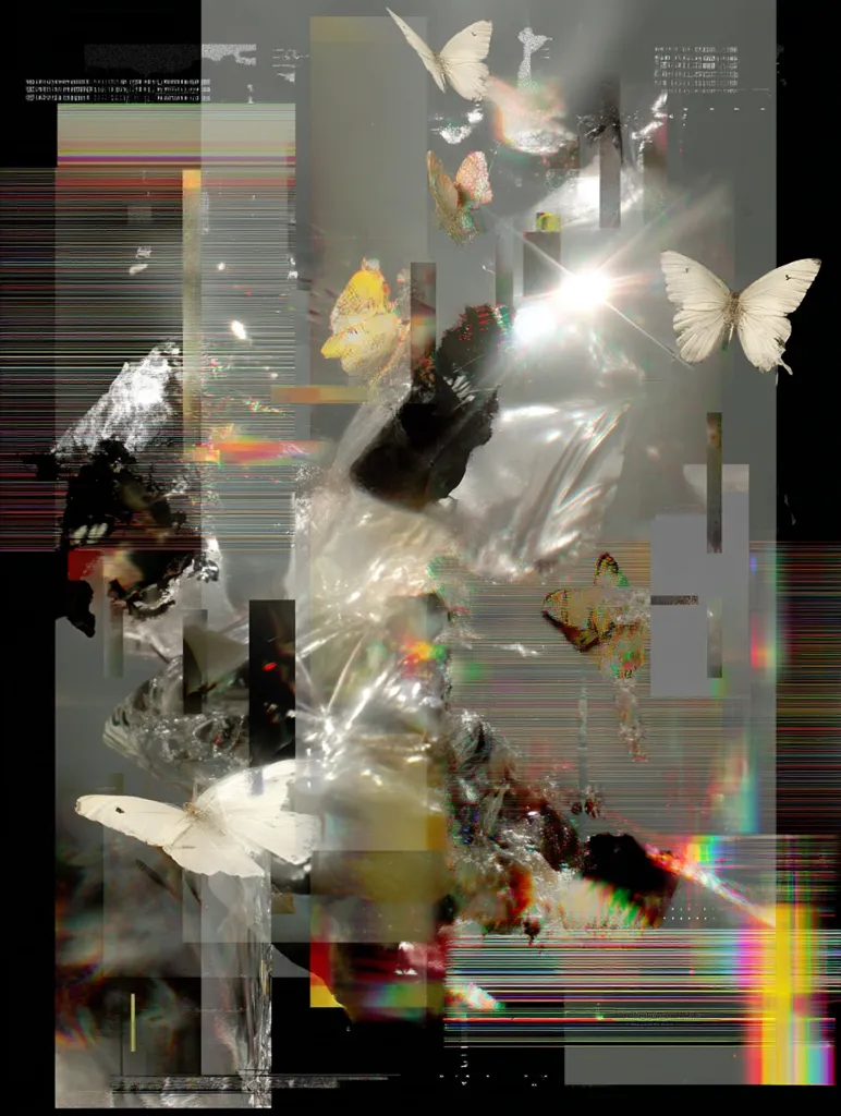 A digital collage features a central figure draped in translucent material, surrounded by butterflies and fragmented imagery.  Glitching effects and digital artifacts create a surreal atmosphere.  The color palette is muted with hints of iridescent hues.  The style is reminiscent of glitch art and digital surrealism, blending organic and technological elements.  Butterflies, both large and small, are scattered throughout the composition, adding to the dreamlike quality.