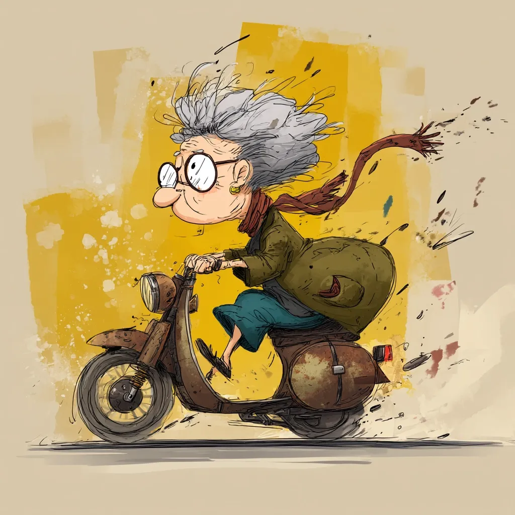 A whimsical illustration depicts an elderly woman with gray hair, glasses, and a scarf, speeding on a rusty vintage scooter. Her hair streams in the wind, suggesting rapid movement. The background is a textured yellow-gold, enhancing the lively, energetic feel of the piece. The style is cartoonish, with bold lines and a playful energy.  The overall impression is one of spirited, unexpected adventure.