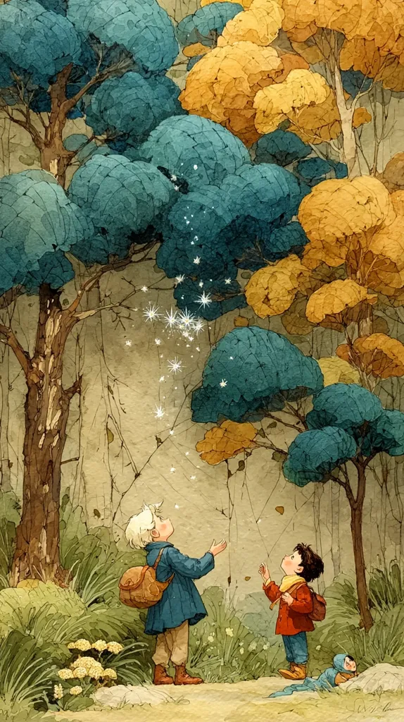 Two children, a boy with blond hair and a red-jacketed boy, stand in awe beneath a canopy of teal and gold trees.  Glimmering particles drift down from the branches, creating a magical atmosphere.  The children wear backpacks, suggesting an adventure. The illustration's style is whimsical and evocative of a fairytale forest. A small figure lies on the ground near them, adding to the scene's mysterious charm.