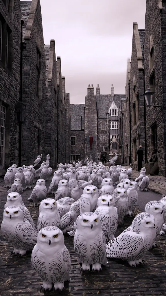 A flock of snowy owls congregates in a narrow, ancient stone street.  The buildings are tall and imposing, creating a dark and atmospheric alleyway.  The owls are numerous, their white and black plumage contrasting with the grey stone. A hint of a larger building is visible at the end of the street, adding to the mysterious ambiance.  The scene evokes a sense of magical realism.