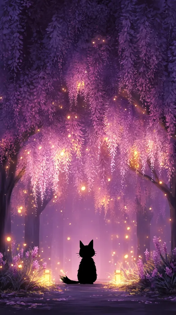 A black cat sits silhouetted in a magical, ethereal forest.  Purple wisteria trees drape overhead, glowing with warm, golden lights resembling fireflies. Lavender plants line the path, adding to the enchanting, mystical atmosphere. The scene is peaceful and dreamlike, suggesting a hidden, secret world.