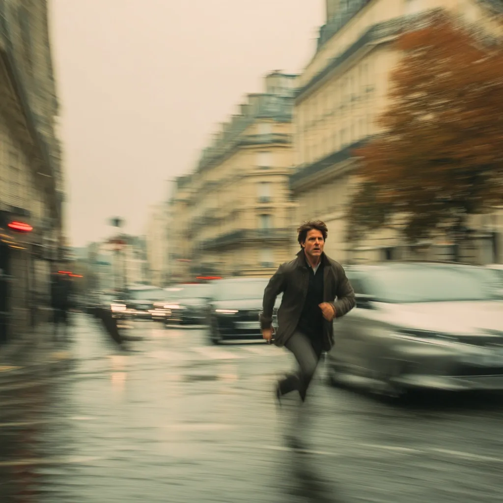 A man in a dark coat runs through a busy Parisian street, cars blurring in motion around him.  The atmosphere is tense and suspenseful, suggesting a chase scene. Rain slicks the street, adding to the dramatic effect. The background buildings are sharply contrasted against the motion blur, emphasizing the speed of the action.