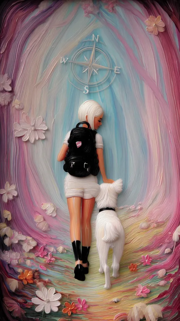A young woman with blonde hair, wearing a white dress and backpack, walks with a white dog along a path.  The path is surrounded by vibrant, pastel-colored flowers and swirling brushstrokes.  A compass, subtly placed in the background, hints at a journey. The scene is rendered in a painterly style, with texture and depth emphasized, resembling a three-dimensional painting.