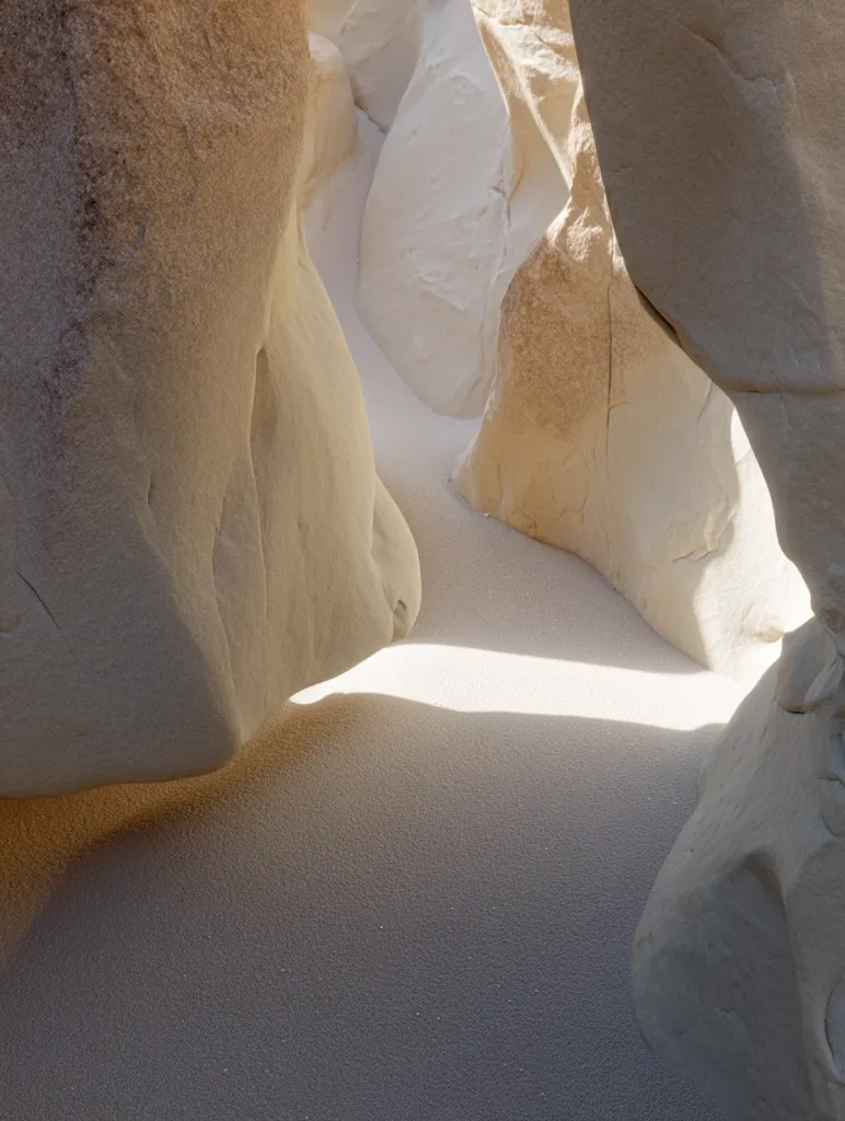 Sunlight streams into a narrow canyon, illuminating smooth, pale sandstone walls and a sandy floor.  The rock formations are sculpted by erosion, creating curves and shadows.  The scene is peaceful and evokes a sense of quiet solitude within the earth's natural architecture.  The soft light highlights the texture of the sand and the varied tones of the rock.