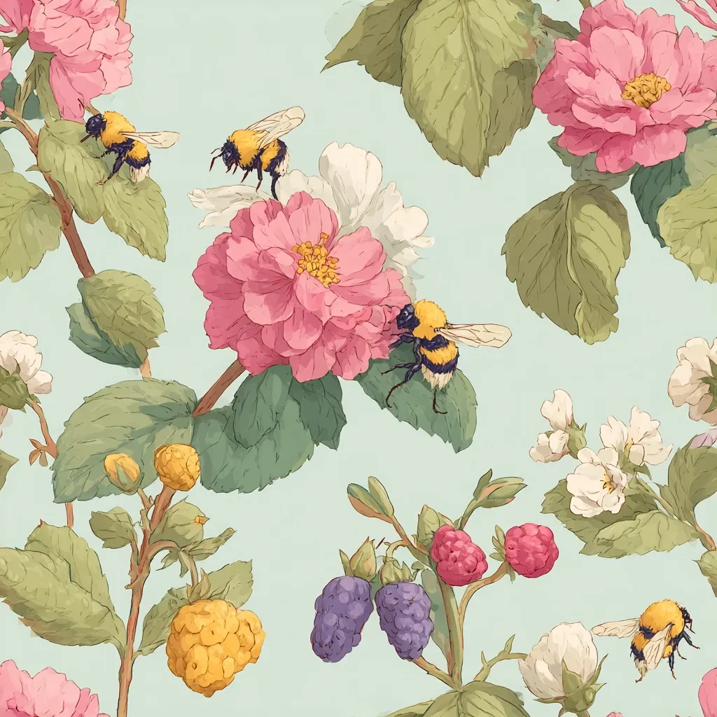 A charming floral illustration features bumblebees flitting amongst pink and white blossoms, interspersed with clusters of ripe raspberries and yellow-gold berries.  The delicate pastel palette and detailed botanical renderings create a serene and whimsical aesthetic, perfect for a textile design or wallpaper. The repeating pattern suggests a continuous garden scene.