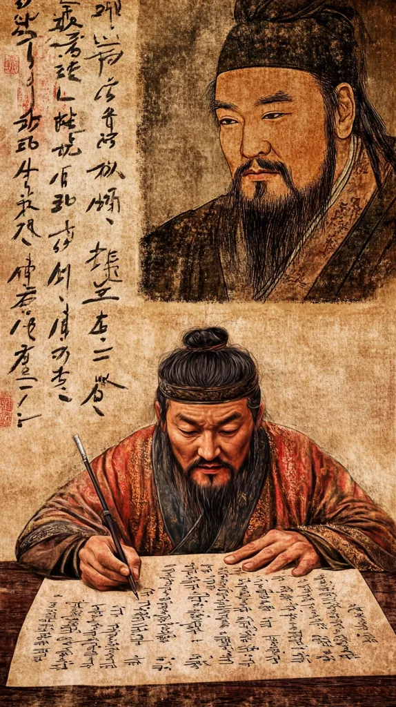A stylized artwork depicts two historical figures against a backdrop of aged parchment inscribed with Chinese calligraphy.  The upper figure, an older man with a beard and official hat, is portrayed in a contemplative pose. Below, a younger man, also bearded, is meticulously writing on a scroll, his focused expression highlighting his dedication to his task. The overall aesthetic evokes a sense of antiquity and scholarly pursuit.