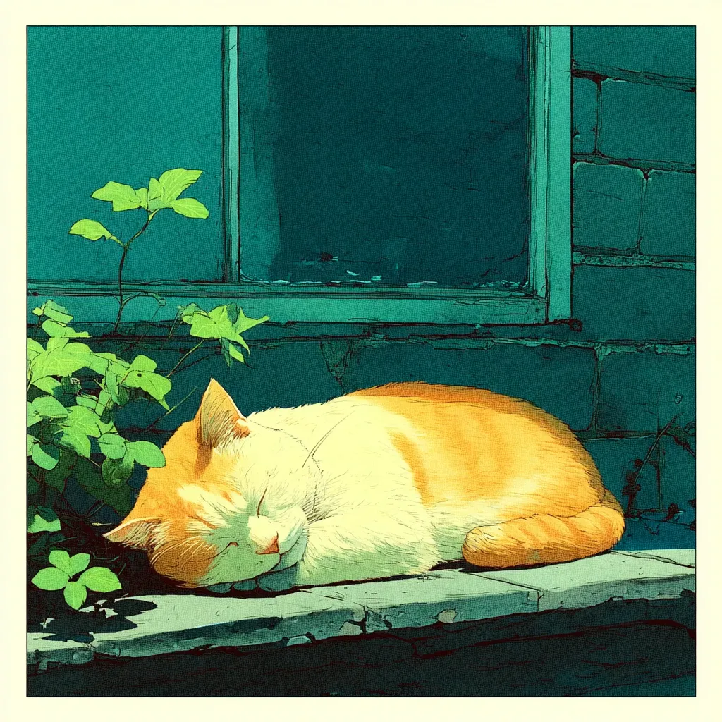 A vibrant illustration depicts an orange tabby cat curled up asleep on a weathered stone ledge.  The cat's fur appears soft and sun-kissed. Lush green foliage frames the scene, growing beside a teal-colored wall and window. The overall style is reminiscent of digital painting, with a focus on warm and cool contrasting colors. The peaceful image evokes a sense of calm and tranquility.