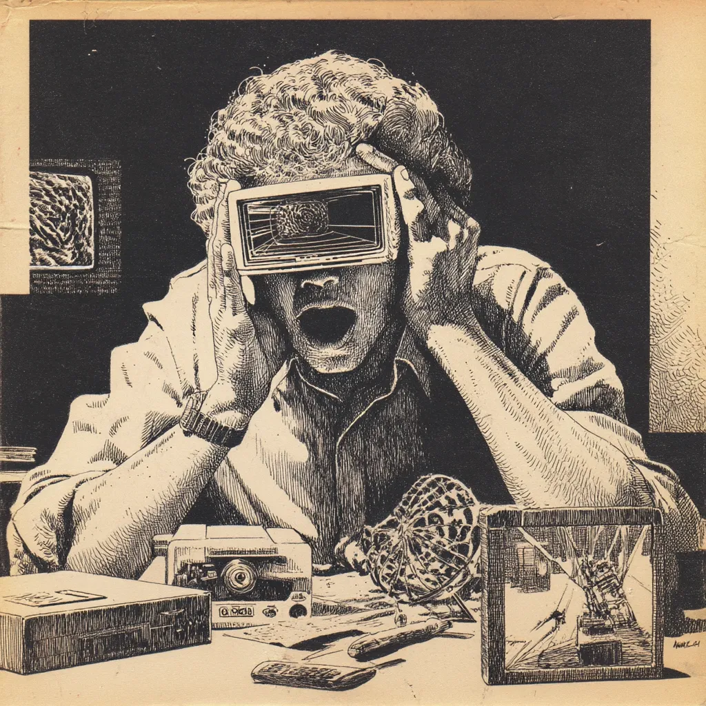 A pen-and-ink illustration depicts a man with curly hair, eyes wide with shock, holding a primitive VR headset to his face. The headset displays a distorted, swirling image. He sits at a cluttered desk with various electronic devices and a broken picture frame. The scene evokes a sense of unease and technological anxiety, possibly hinting at a dystopian or science fiction narrative.  The stark contrast and detailed hatching create a dramatic, high-contrast image.