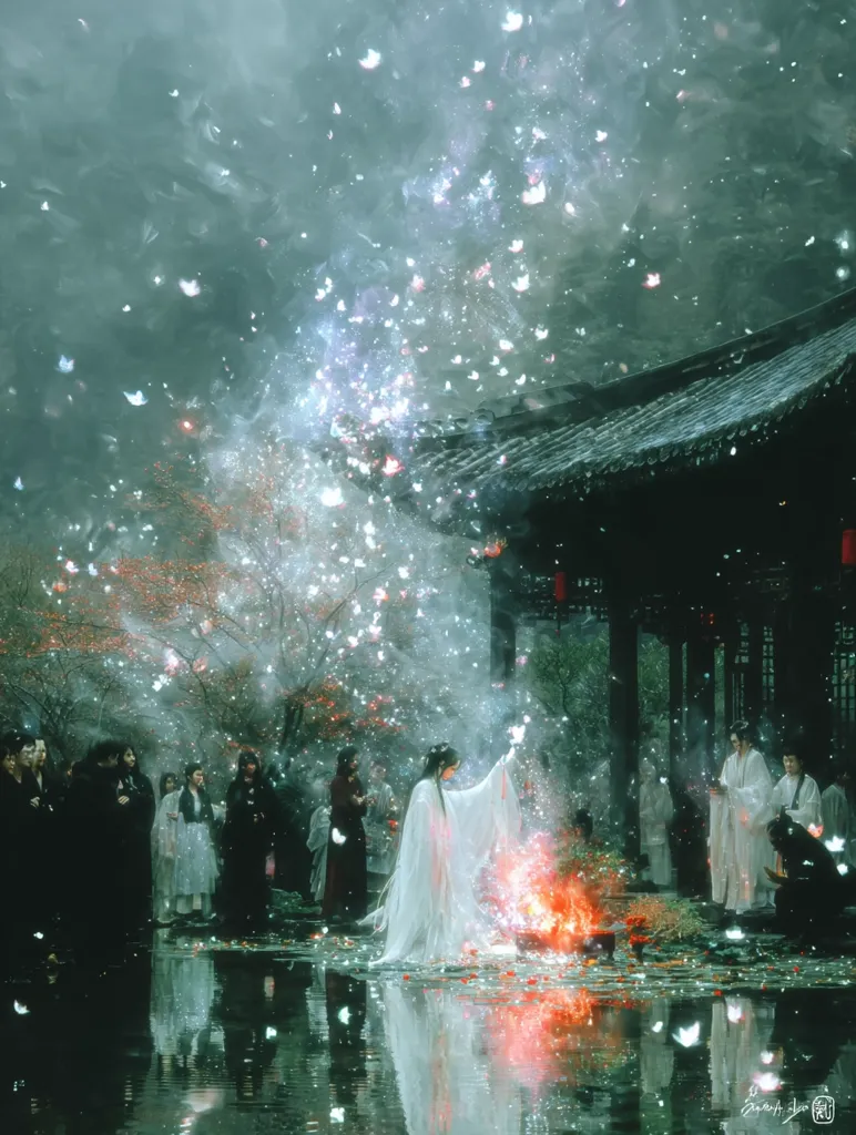 A woman in flowing white robes performs a ritual by a tranquil pond, surrounded by onlookers in traditional attire.  White butterflies and ethereal particles swirl around her as a small fire burns. The scene is set in a misty, serene garden with a dark wooden pavilion in the background, creating a mystical and enchanting atmosphere.  The overall mood is one of peace and spiritual significance.